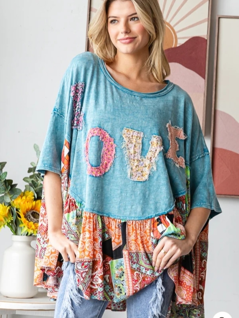 NEW!!! Oli And Hali WASHED ROUND NECK LOVE PATCHWORK RUFFLE HEM TOP, Sz XL - Picture 3 of 6